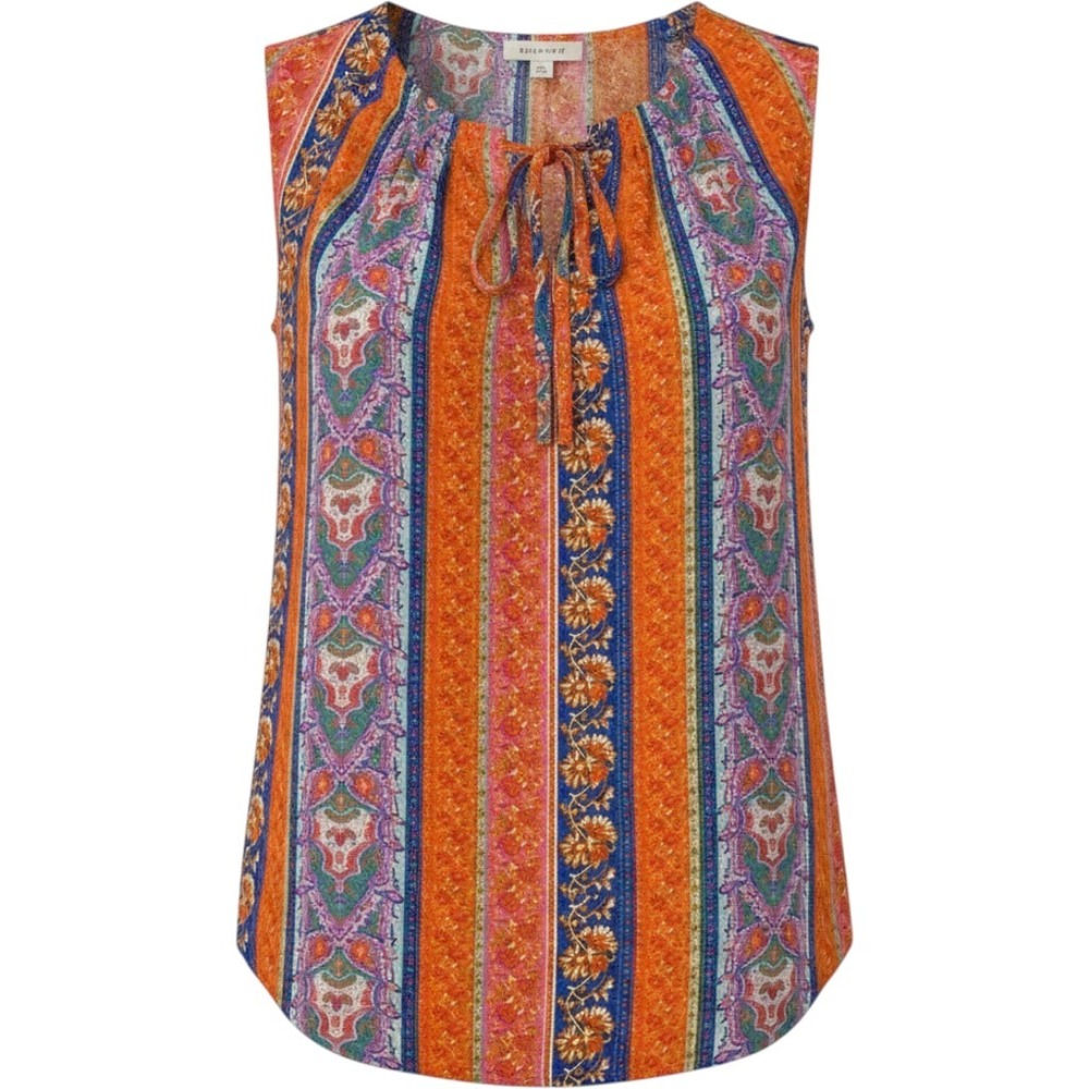 Cynthia Rowley Sleeveless Top Women's Small Orange Boho Paisley Tie Neck